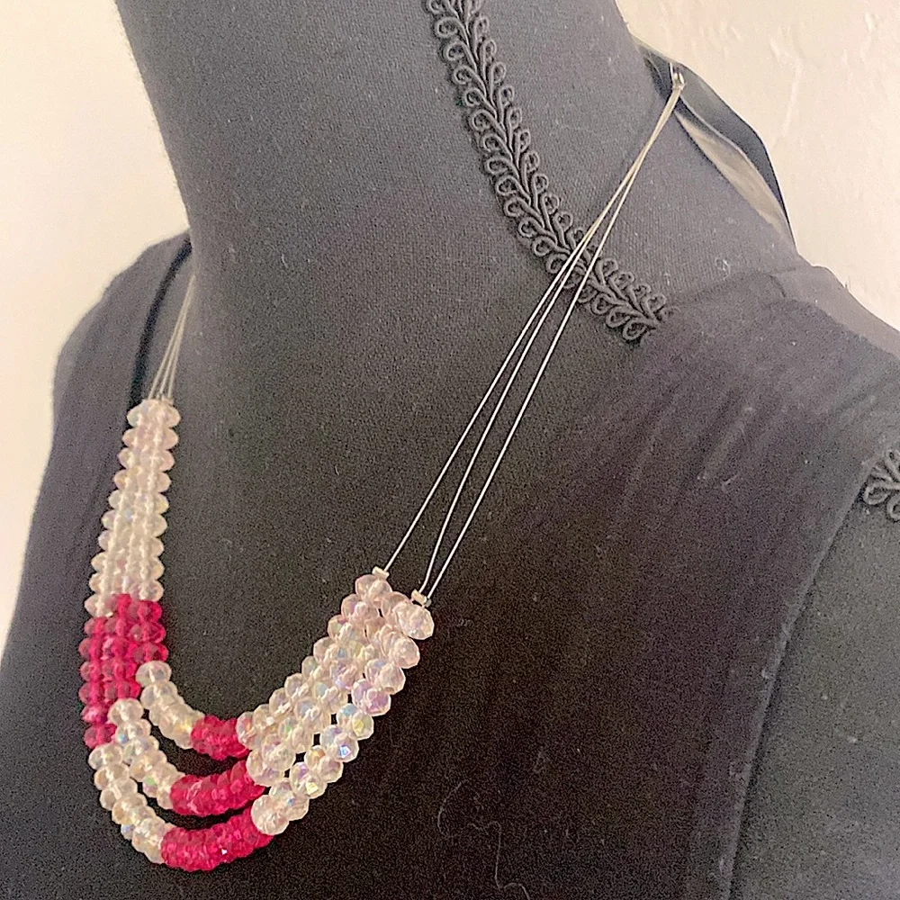Silver “Invisible” Necklace With White And Hot Pink Beads - Picture 10 of 16